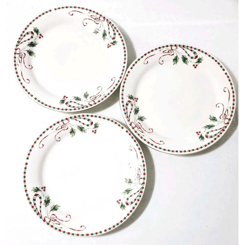 Home Essentials Tartan Ribbon Dinner Plate Holly Plaid Ribbon Gold Trim 9.5"
